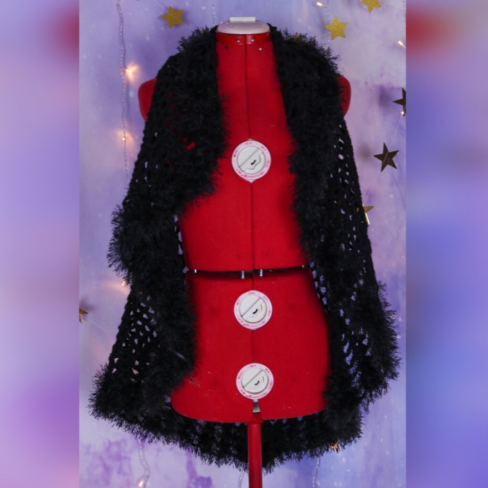 Black furry boa crocheted bohemian vest